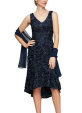 ALEX EVENINGS 12 Navy Embroidered Soutache Hi-Low Dress w/ Shawl NWT 215