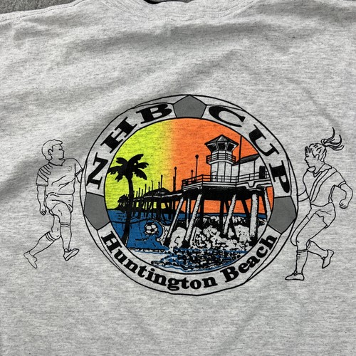 Vtg Huntington Beach Shirt Mens XL Gray 90s Surf Soccer Flip Sleeve Graphic USA - Picture 15 of 19