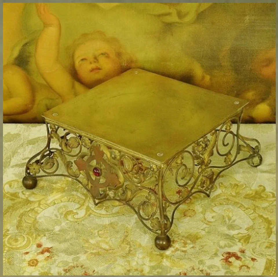 Antigua custodia religiosa francesa de latón dorado renacimiento gótico Thabor, soporte Foto 2 de 4