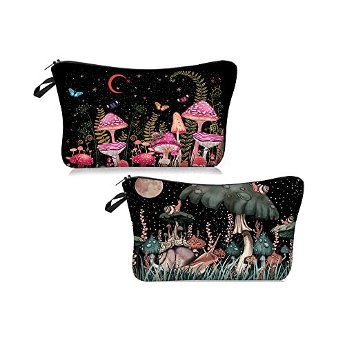 2 Pack Soft Makeup Bag for Purse, 3D Allover Printed Makeup Pouch with Agaric