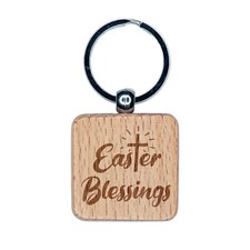 Easter Blessings Religious Cross Engraved Wood Square Keychain Tag Charm
