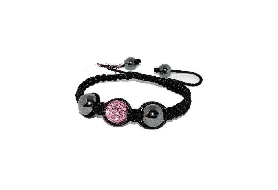Bracelet  " Shamballa"cordon noir et perle facettes rose, hematite, ajustable - Photo 1/1
