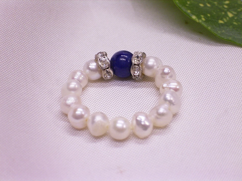 BIWAPERLEN & LAPISLAZULI PERLE / STRASSSTEINE: RING / GUMMIZUG: GR.: 53 - 57 - Bild 2 von 4