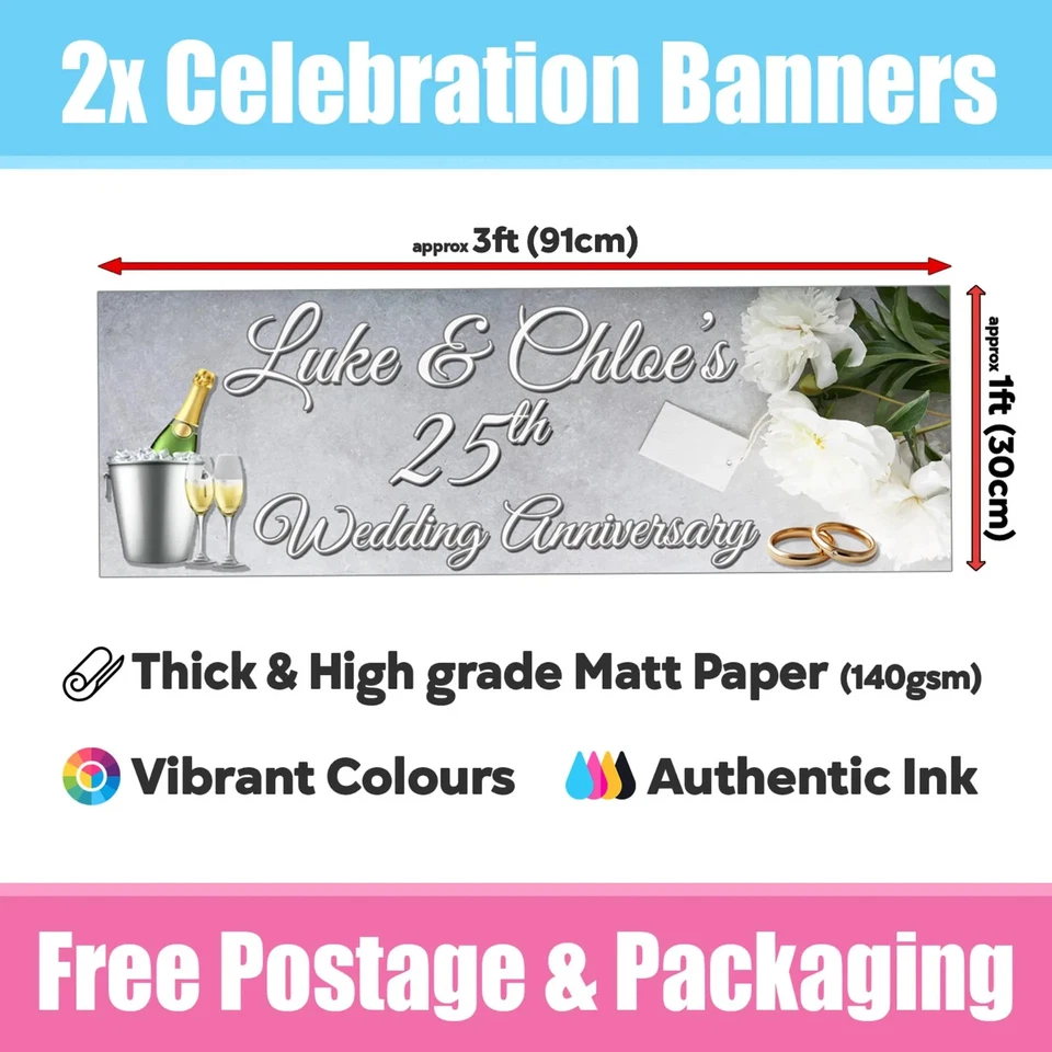 Banners personalizados de celebración de aniversario de boda x2 Foto 2 de 3