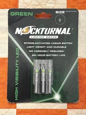 NEW Nockturnal Lighted Nocks 3 Pack LED Green Size S  Bow Hunting 20+ Hour Life