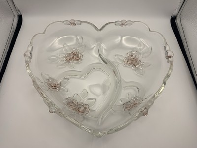 Mikasa Studio Nova Vintage Herzform geteilt Glas Schale strukturiert Dbl Herz & Rosen