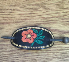 LEATHER WOOD BARRETTE HAIR CLIP EMBOSSED PAINTED FLOWER HANDMADE RETRO BOHO 3.5"