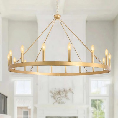 PUZHI HOME 48'' Gold Wagon Wheel Chandelier 16-Light Farmhouse Ceiling Light