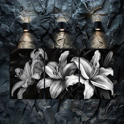 3pcs Black & White Night Lilies Wall Art Canvas Framed 50x70cm