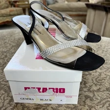 Dezario Gemma Black Clear Vinyl Sling Back Low Heels Rhinestones Size 6 Reg $130