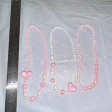 Lot of 3 Girls Pink  White Plastic Beaded Heart Charm Necklaces