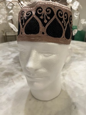 Alif Cap Muslim Kufi Hat Tan & Black Intricate Embroidery Prayer Cap Bangladesh