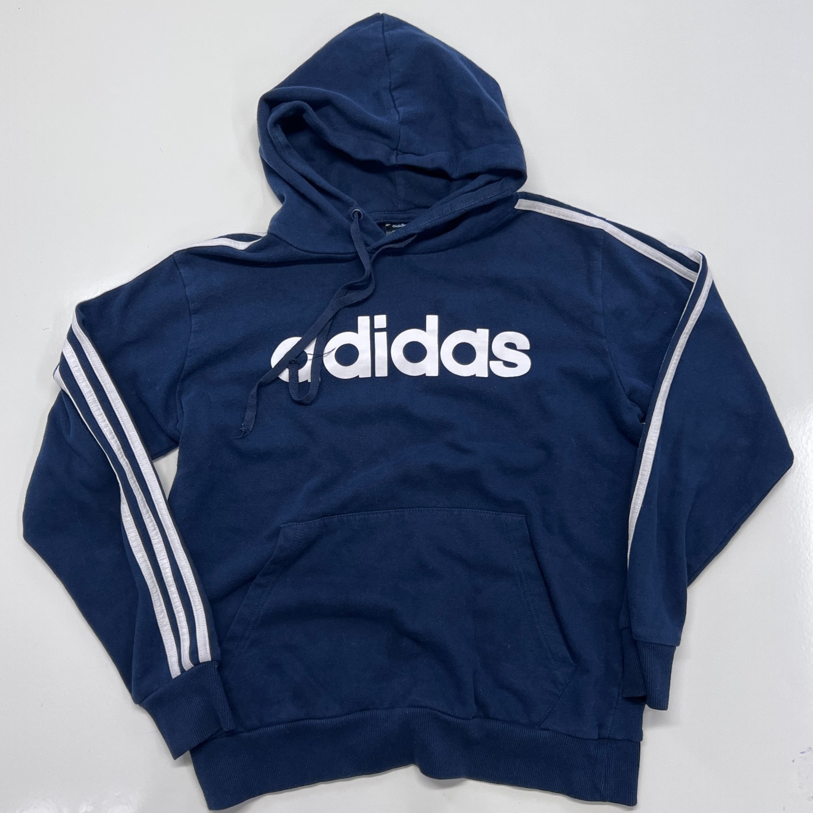 Adidas Hoodie Mens Small Navy Blue Logo Pullover 3 Stripe Sweatshirt
