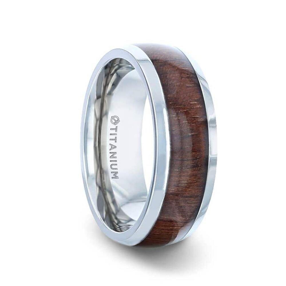 Thorsten CARY Black Walnut Wood Inlaid Titanium Domed Polished Finish Men's Wedding Ring With Beveled Edges - 8mm Thorsten CARY Black Walnut Wood Inlaid Titanium Domed Polished Finish Men's Wedding Ring With Beveled Edges - 8mm