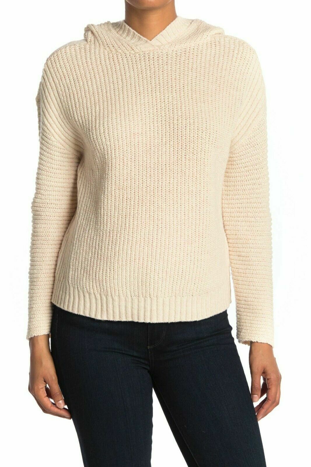 Abound Womens Beige Hooded Back Slit Cozy Rib Knit Pullover Sweater Size XS