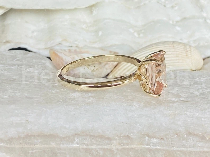 Anillo de oro amarillo sólido de 14 k morganita y diamantes melocotón natural corte cojín de 2 quilates Foto 4 de 4