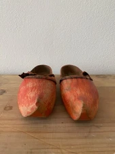 Antique Wooden Painted Red Clogs with Worn Leather