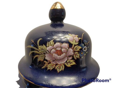 Oriental Ginger Jar Cobalt Blue Gold With Floral Pattern And Cart Vintage - Picture 3 of 9