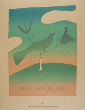Jean-Michel FOLON Affiche originale Papel Reciclado (L'oiseau) 1987