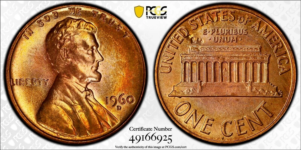 PCGS MS-64 RED! 1960-D CENT  DROPPED LETTER ERROR "E" ABOVE MEMORIAL REVERSE - Image 3 of 3