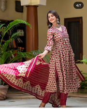 Anarkali Dress Set with Geometric Print Bell Sleeves with Embroidered Yoke