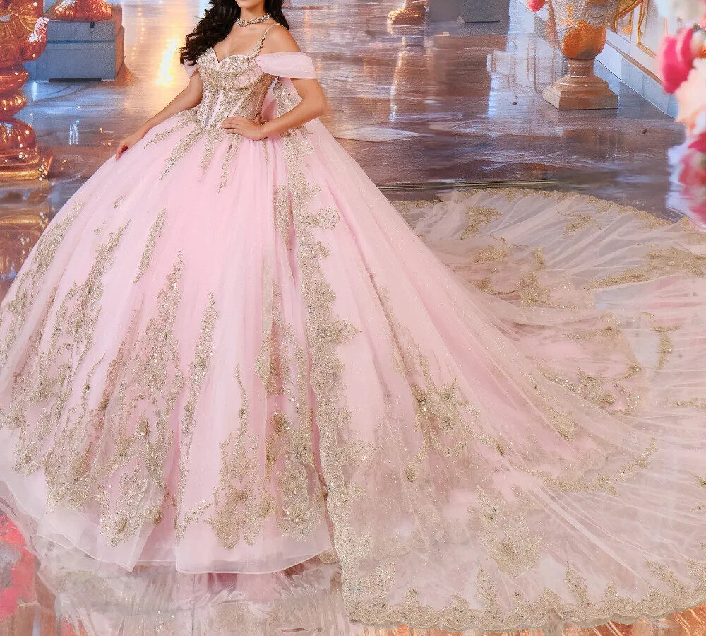 Mexican Pink Quinceanera Dresses Ball Gown Gold Lace Applique Cape Sweet 16