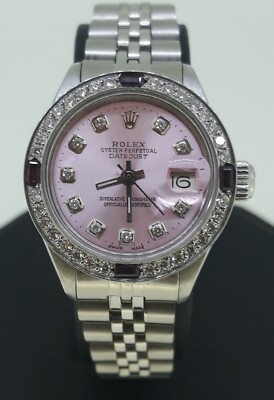Rolex Ladies Datejust Date Oyster Steel Diamond Dial Bezel Ruby Luxury Watch