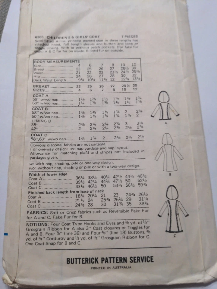 Vintage 70s Butterick Sewing Pattern 6365   Size 12 Princess Seam A Line Coat  - Image 2 of 2