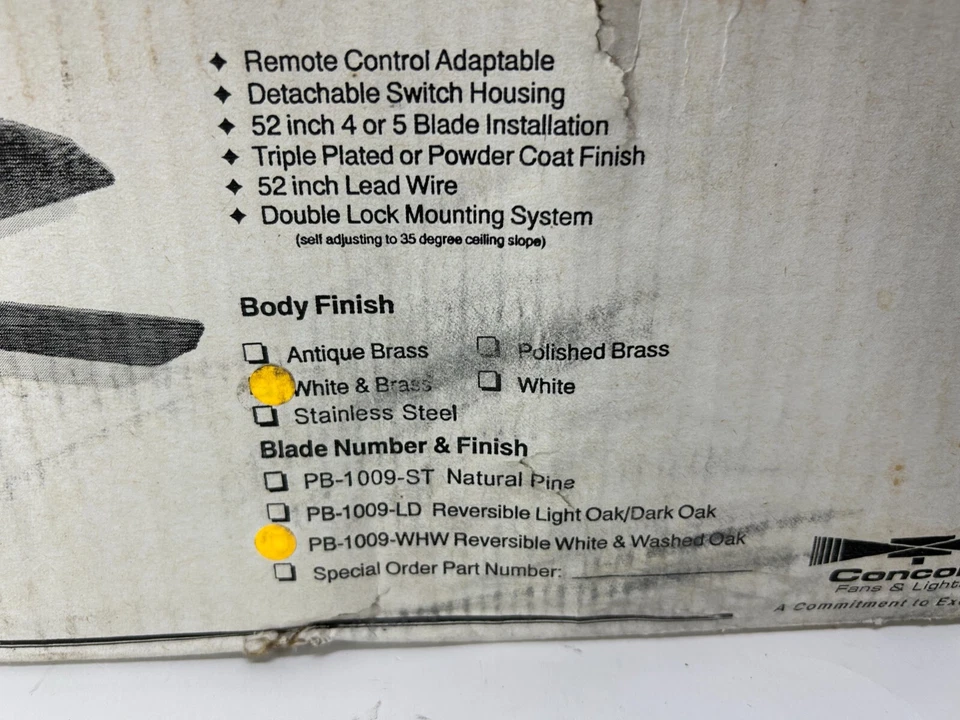 Concord 52CS 52" Ceiling Fan White/Brass w/ 5 White or Washed Oak Blades VTG NOS - Image 2 of 4