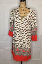 IRIS Shirt Dress Large Women's Ladies V-Neck Knee White Red 3/4 Sleeve