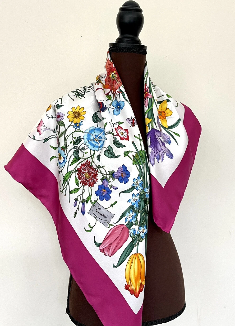 Foulard sergé unisexe blanc multicolore rose unisexe imprimé soie Gucci Silk Wrap