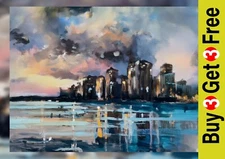 Urban Lights Reflection 5"x7" Print on Matte Paper | Vibrant Cityscape Oil Art