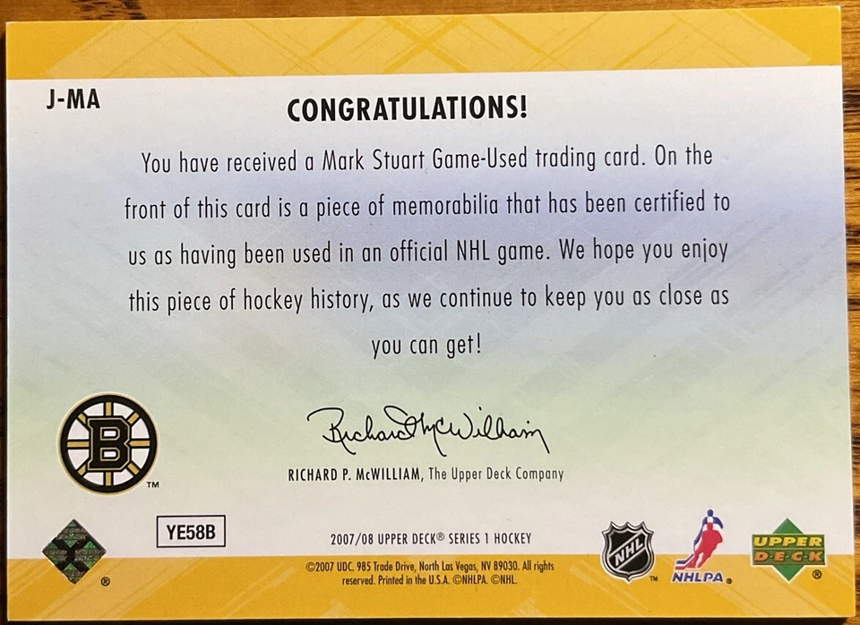 2007-08 Upper Deck UD Game Jersey Mark Stuart #J-MA Boston Bruins - Image 2 of 2