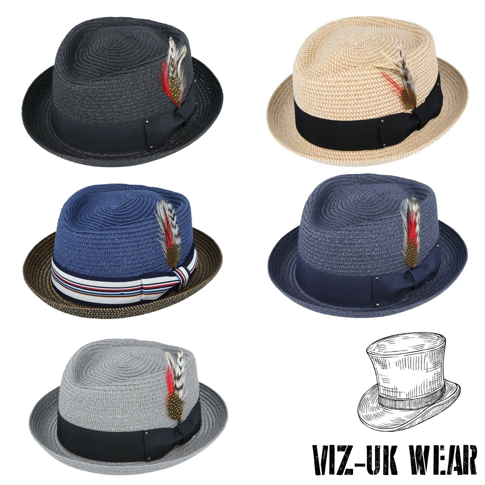Mens Ladies Crushable Straw Summer Pork Pie Trilby Hat Sun Cap Removable Feather
Opens in a new wind