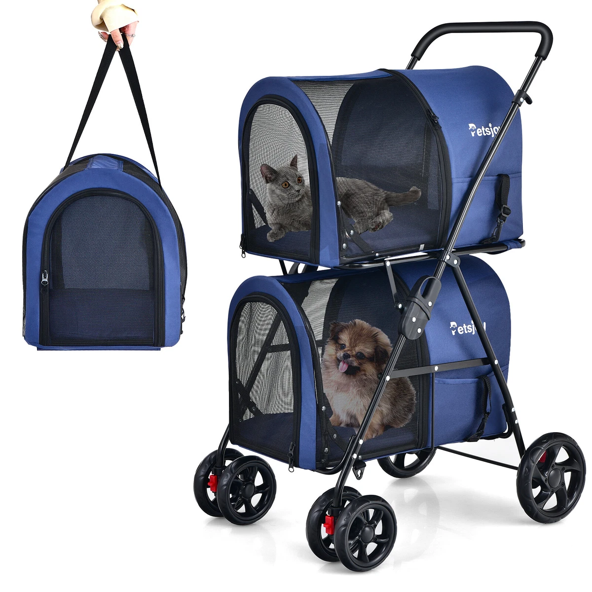 4 in 1 Double Pet Stroller w Detachable Carrier Travel Carriage