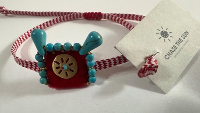 Handmade Martaki Bracelet W/ Gold Plated Sun In Center And Light Blue Stones NEW