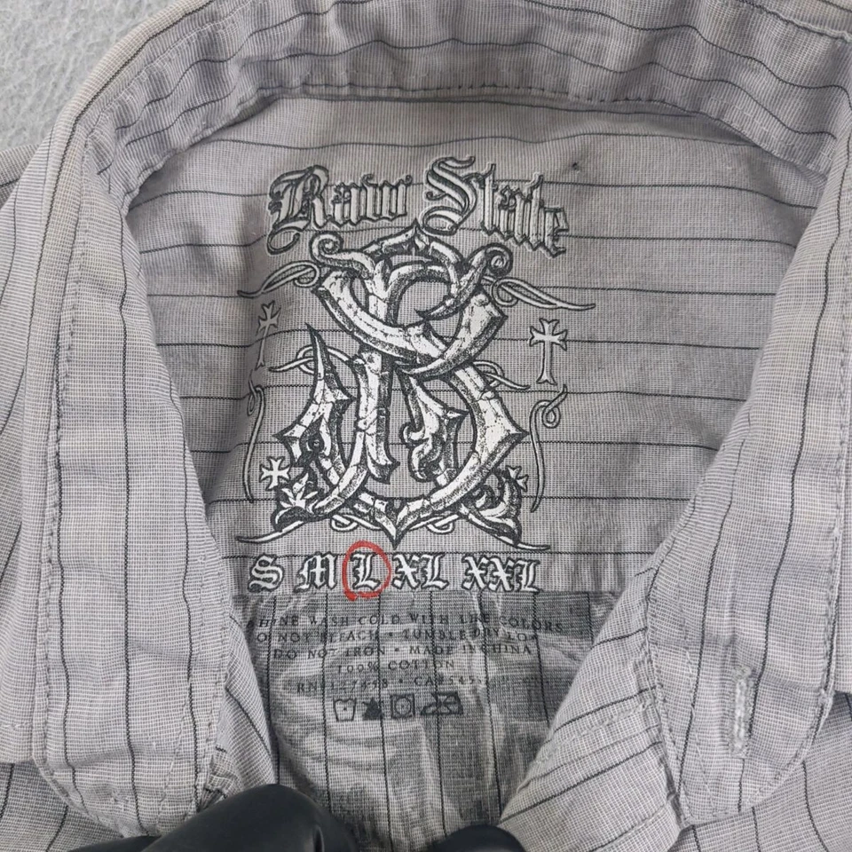 Raw State Shirt Mens Large Gray Striped Cross Fleur de Lis Flock Epaulets Button - Image 3 of 4