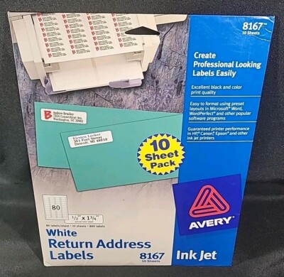 Avery Easy Peel Return Address Labels Inkjet 1/2 x 1 3/4 White 800 Labels