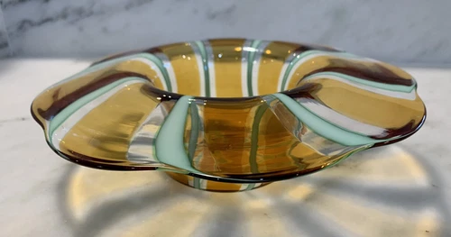 Vintage Murano Italian Art Glass Bowl Green Amber White Circus Tent Stripe Label