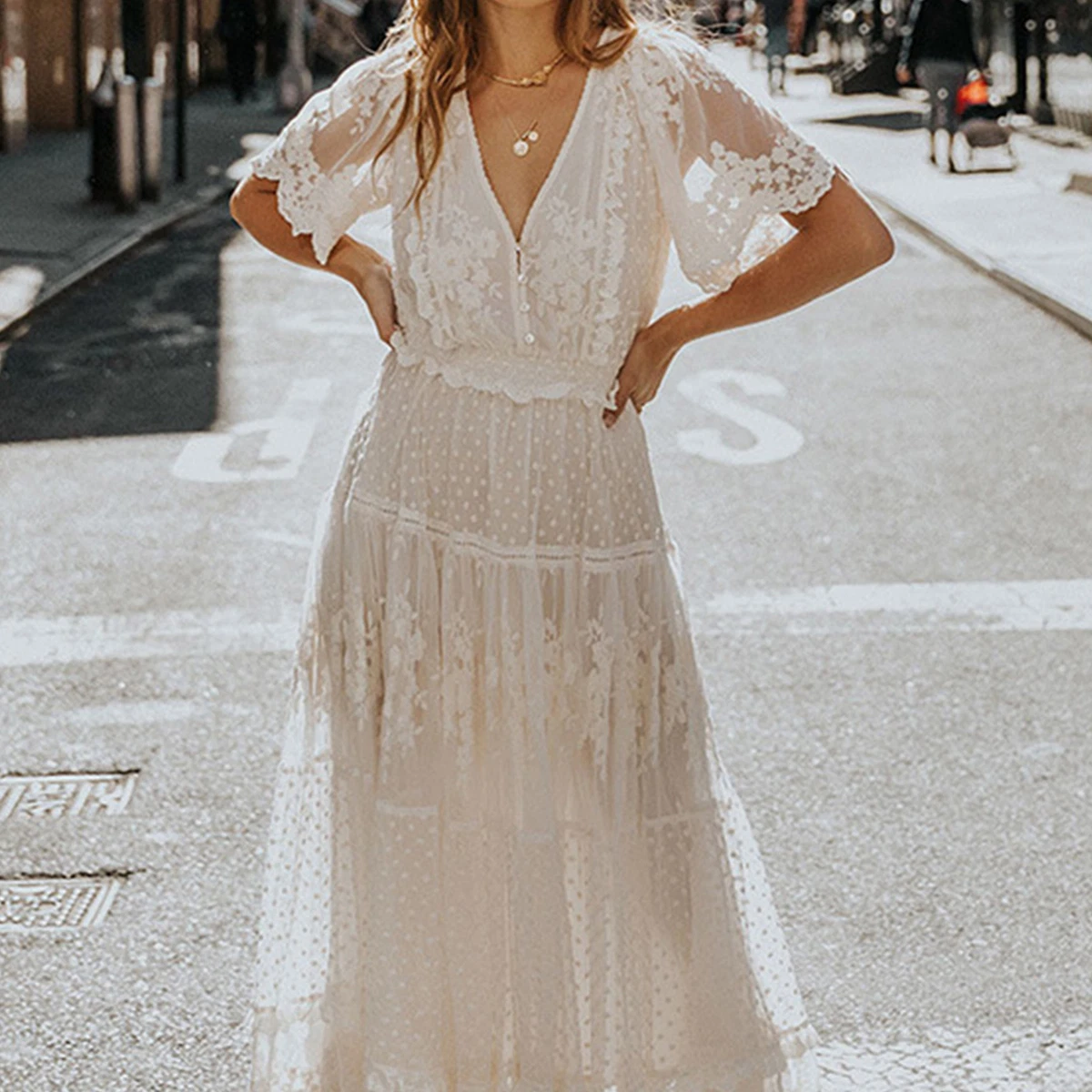 V neckline maxi best sale dress