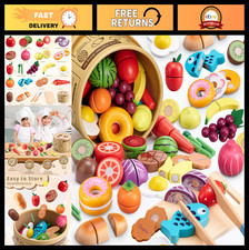 Wooden Play Food Set - 45 Pcs Pretend Cutting Fruits  Veggies, Montessori Toy f