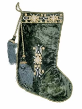 17.5” Christmas Stocking Green Velvet Faux Pearls Tassels