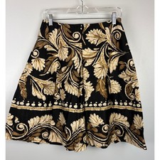 Vintage Talbots Petites Black Tan Floral Batik A-Line Skirt Sz 6P Stretch Cotton