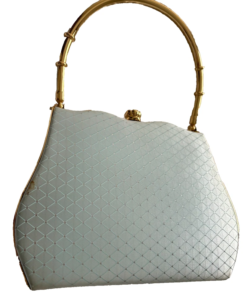 Golden Tone Metal Frame Crystal Rhinestone Fashion Clutch Evening Bag Light Blue - Image 2 of 4