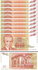 Yugoslavia 5000 Dinara 1993, UNC, 10 Pcs LOT, Consecutive, P-128, Low AA 0007***