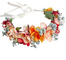Floral crown hair headband g orange flower wedding headpiece wreath halo