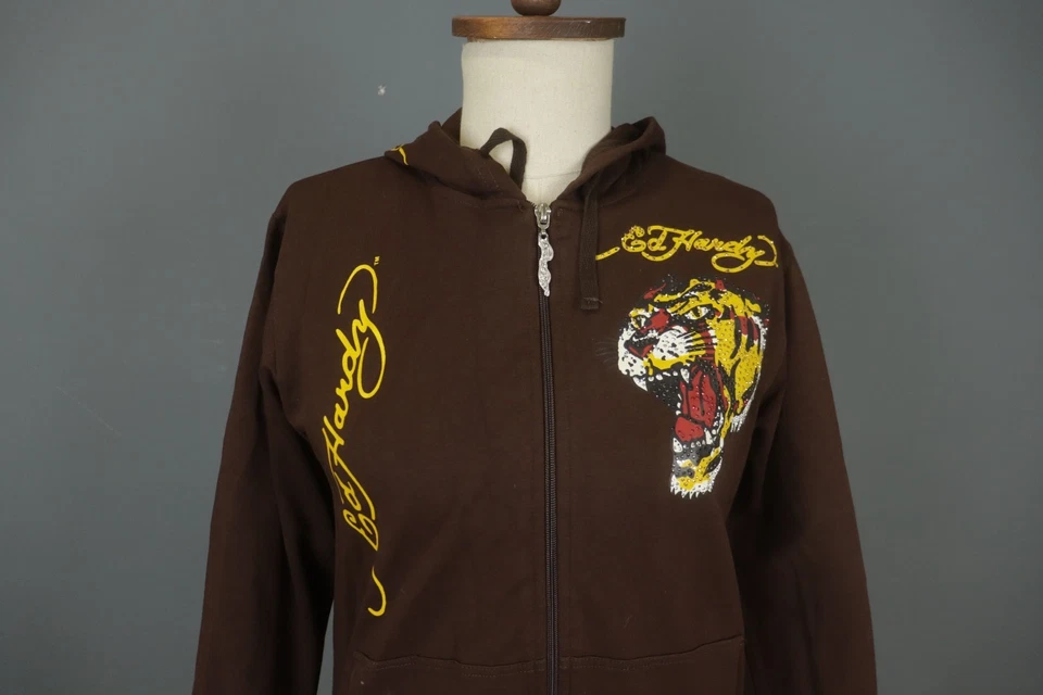 Ed Hardy Brown Viscose Raglan Sleeve Ribbed Hem Full Zip Hoodie Size XXL - Image 2 of 4