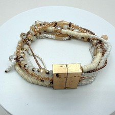 Vintage 80s Quartz & Mixed Beaded Stranded Bracelet Gold Magnetic Clasp Jewelry
