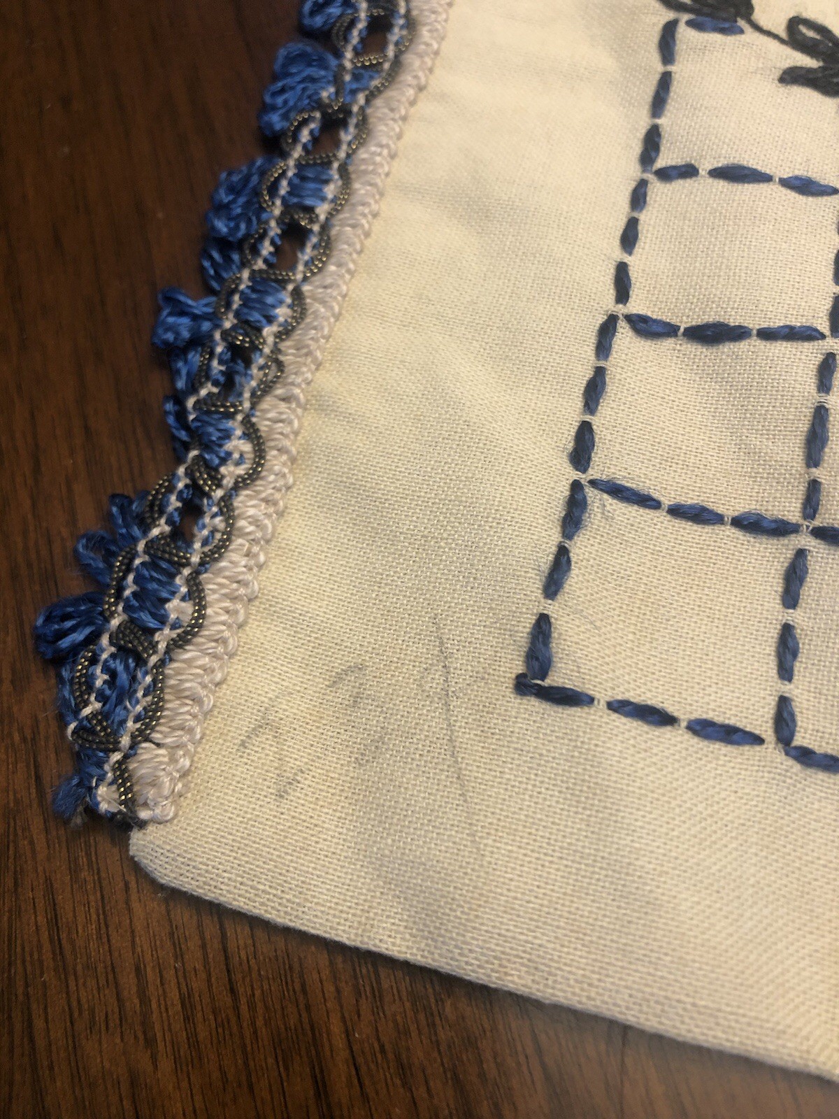 Vintage Embroidered Dresser Scarf Or Table Runner, Blue On Cream, 15 X 21”