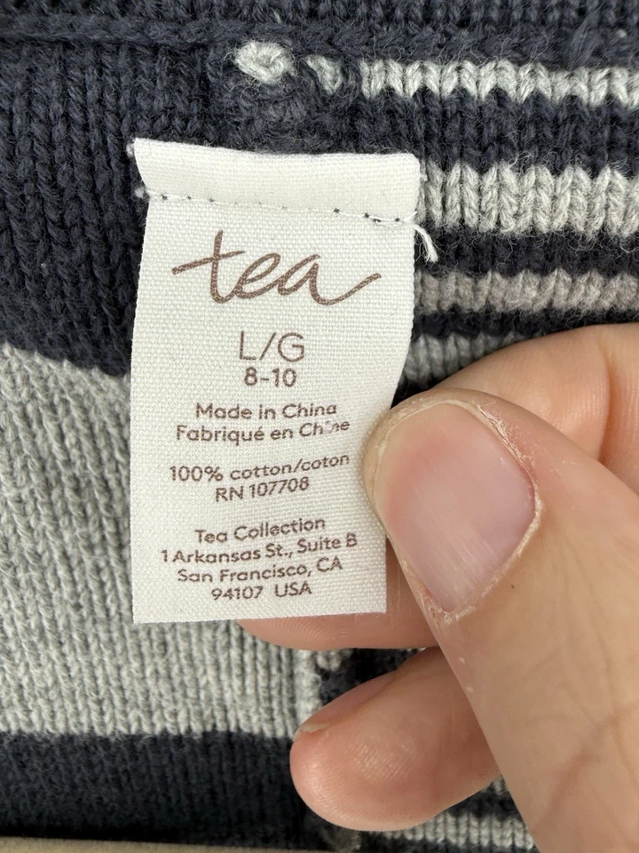 Tea Collection 女孩 L 8-10 灰色蓝色棉毛衣针织贴花工作开衫 — 第 3/4 张图片